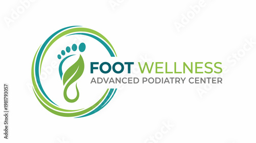 The logo showcases a modern and circular design incorporating a foot silhouette and leaf elements, portraying wellness and care in foot health treatments effectively.