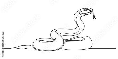 A minimalist single continuous line drawing of a coiled snake with its tongue flicking out poised