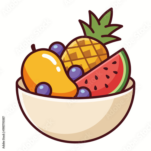 A cheerful illustration of a bowl filled with vibrant fruits, symbolizing health, nutrition, and the joy of consuming fresh produce for a balanced diet.