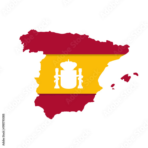 This image showcases a stylized map of Spain filled with the national flag colors, symbolizing national pride and cultural identity prominently identified in modern design.