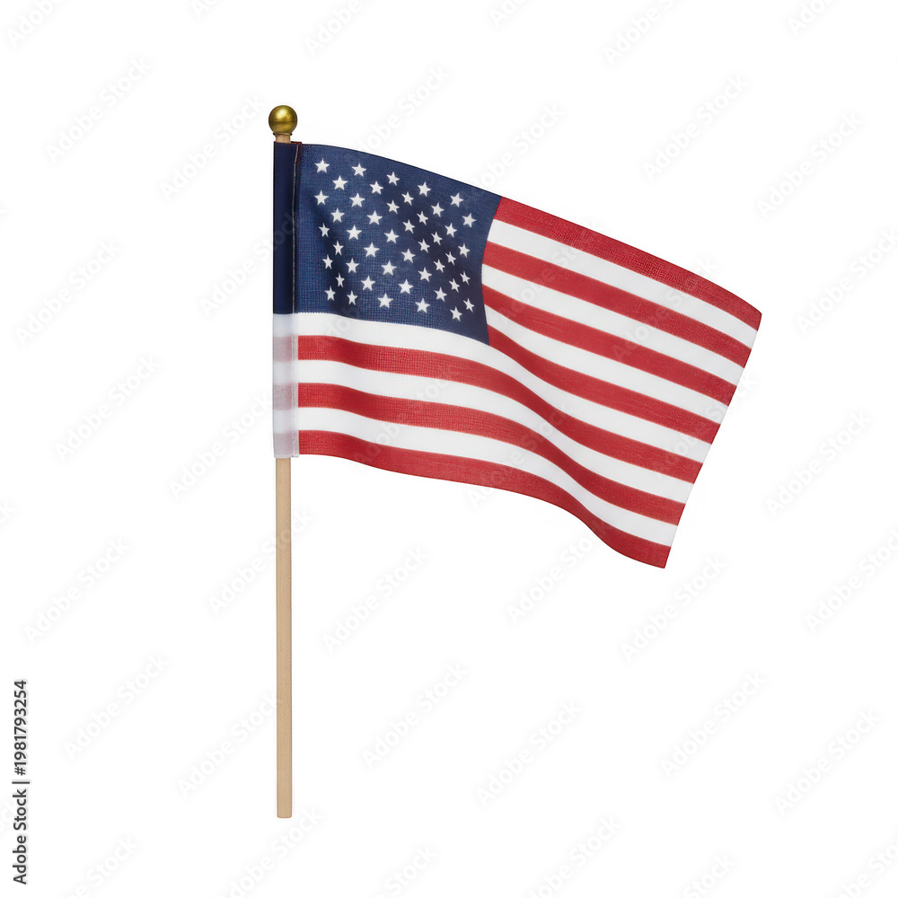 Fototapeta premium Small waving american flag on a wooden stick isolated on a transparent background