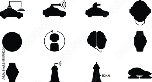 Smart City and Autonomous Technology Icon Set Featuring Self-Driving Cars, Signal Towers, Human Brain AI, Wearable Smartwatch, and Advanced Telecommunications Signal Concepts 