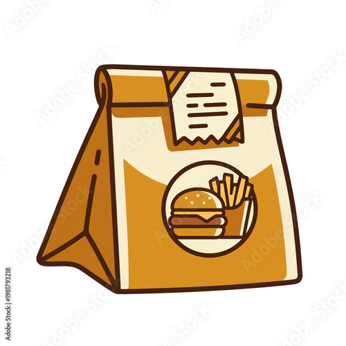 This whimsical illustration depicts a vintage-inspired fast food takeout bag, featuring a burger and fries icon that evokes nostalgia and hunger for delicious food.