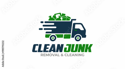This image represents a logo for a junk removal company with a sleek truck design featuring various trash items, emphasizing efficiency and cleanliness in waste management.