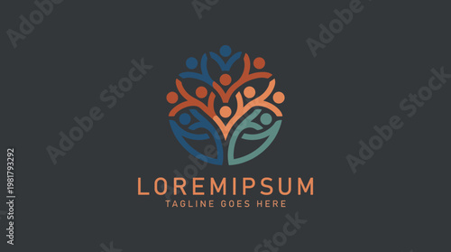 A logo featuring a stylized tree made of interconnected human figures, symbolizing community, connection, and growth, perfect for non-profits or social enterprises.