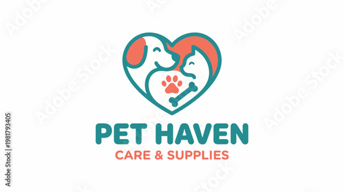 A vibrant and approachable logo design depicting a dog and a cat within a heart symbol, emphasizing love and care for pets in a visually appealing way.