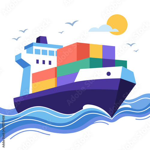 A vibrant illustration of a cargo ship sailing through waves under a sunny sky conveys the essence of trade, travel, and maritime adventure with captivating colors.