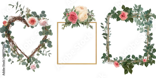 Set of Three Floral Frames Heart Gold Rectangle and Flower Border Wreaths on Transparent Background