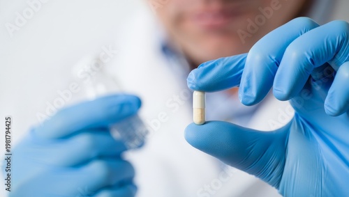 Close-up of a person in blue medical gloves holding a white and beige capsule pill under bright soft lighting