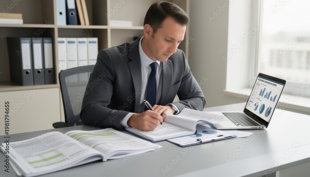 Fototapeta premium Consultant scrutinizing nonprofit insurance renewals emphasizing compliance with regulatory coverage limits and exclusions.