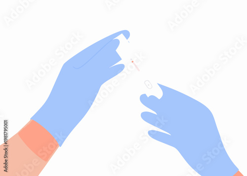 A gloved hand prepares a blood sample with a lancet and test tube