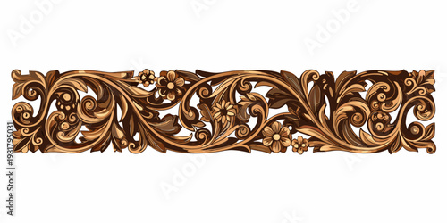 Intricate floral and leaf carving in a rich brown ornamental design