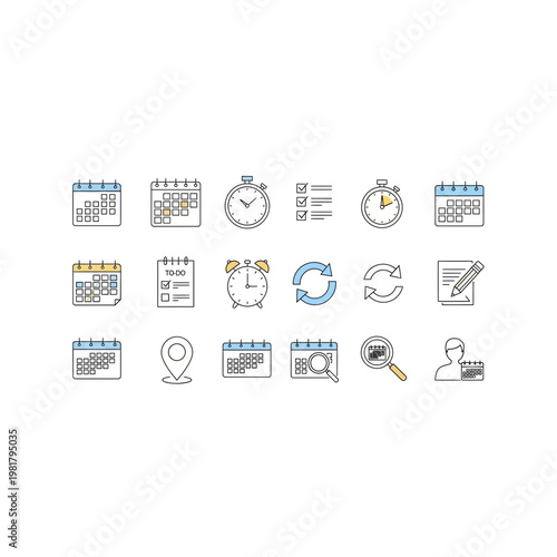 Calendar and time management icons: scheduling planning productivity tools