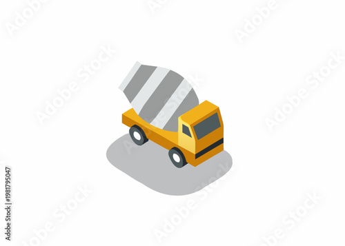 Isometric illustration of a yellow concrete mixer truck with a gray drum