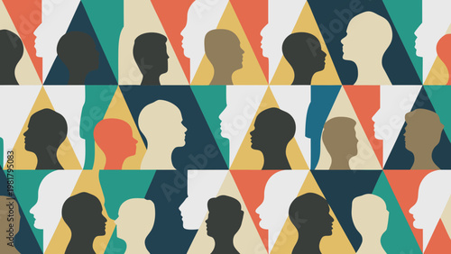 Diverse silhouettes of human profiles arranged in a colorful geometric pattern