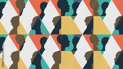 Diverse group of faces arranged in a colorful geometric pattern
