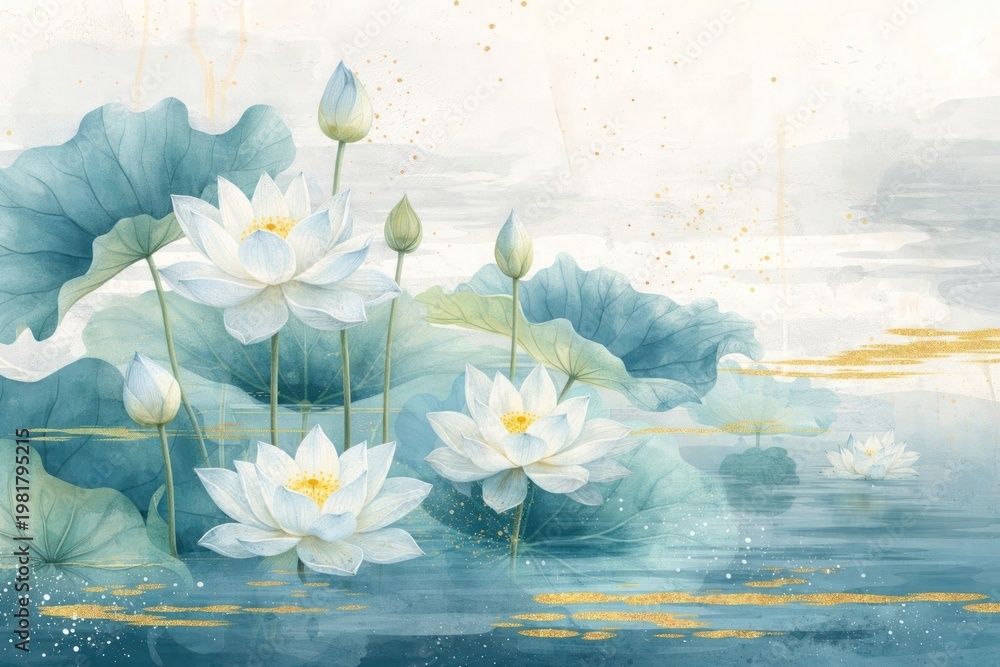 Fototapeta premium Serene watercolor lotus pond