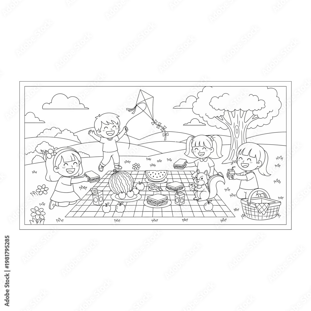 Fototapeta premium Children and animals having a joyful outdoor picnic gathering with line art