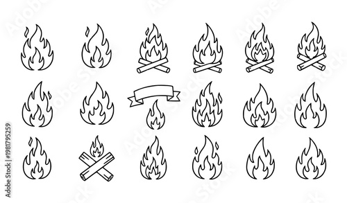 Minimal crayon flame doodles graffiti fire icons punk style black and white vector illustration isolated on white