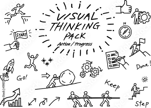 手書き線画ビジュアルシンキングアイコンアクションセット