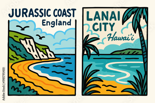 Retro travel poster illustration of Jurassic Coast England and Lanai City Hawaii in doodle drawn style