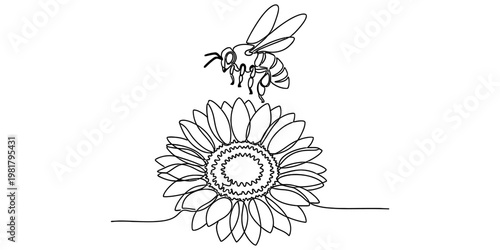 A single continuous line drawing of a flying bee hovering above a bright blooming sunflower