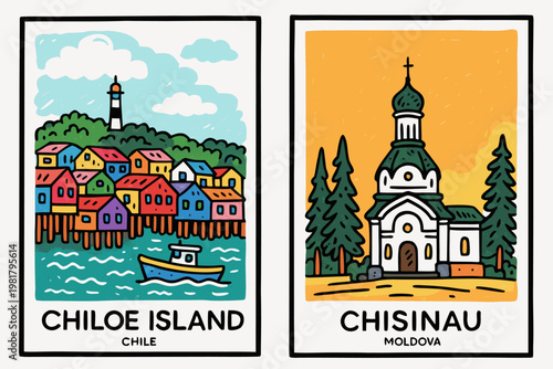 Colorful Coastal Village and Eastern Orthodox Church Travel Postcards Vector Illustration doodle drawn style 