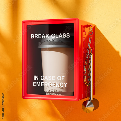 Obraz na plátne Emergency coffee cup inside red break-glass cabinet mounted on sunny yellow wall as humorous concept of urgent caffeine need