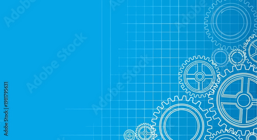 Close-up of interlocking gears on a blue technical drawing background with a grid pattern.