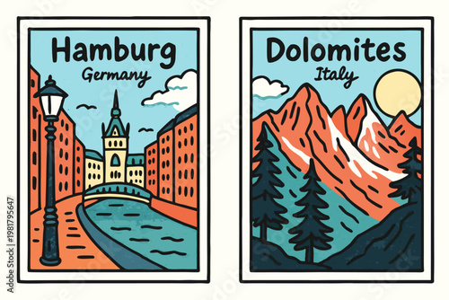 Vector illustration of Hamburg, Germany cityscape and Dolomites, Italy mountains in doodle drawn style