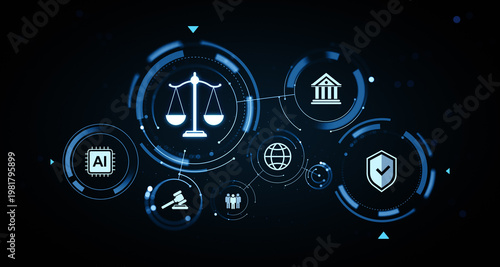 Фотография Digital justice and technology governance symbols with scales, AI chip, security shield, and legal icons in futuristic interface design
