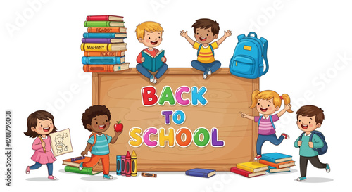 Illustration of diverse children playing around a Back to School sign with educational supplies