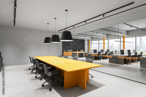 Foto Modern office interior with yellow conference table, glass partition, contemporary design elements, ergonomic seating and city skyline view