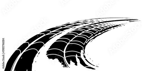 Curved Tire Track with Grunge Texture, Black and White Abstract Road Pattern Background