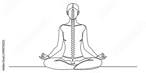 A single line drawing of a person sitting in a lotus meditation pose with a visible spine column
