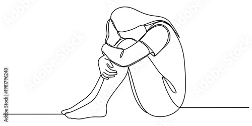A continuous line drawing depicting a lonely person sitting and hugging their knees in isolation