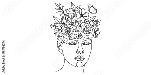A minimalist black and white line art portrait of a woman with a bouquet of flowers on her head.