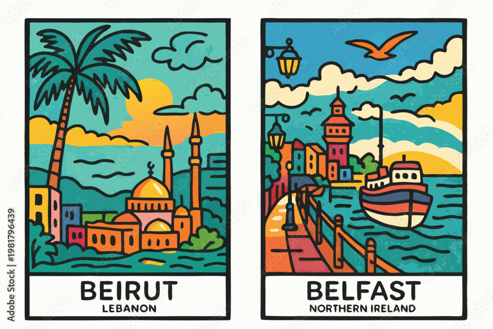 Naklejka premium Vibrant vector illustration triptych of Beirut and Belfast cityscapes, travel destinations doodle drawn style
