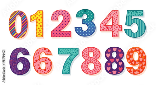 Colorful numbers with patterns on a white background
