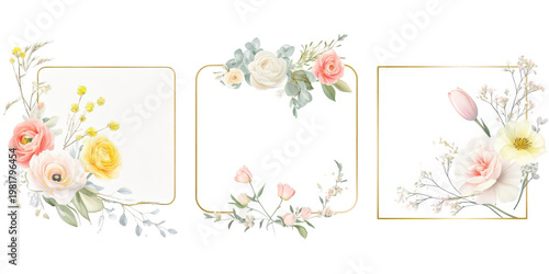 Elegant Set of Three Watercolor Floral Gold Frame Borders with Pink and Yellow Flowers on Transparent Background