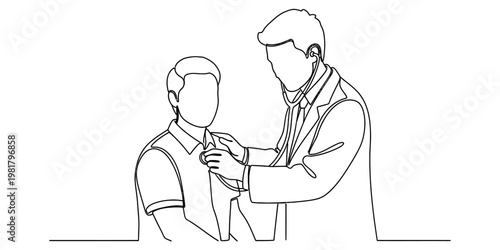 A single continuous line drawing of a doctor using a stethoscope to examine a male patient chest