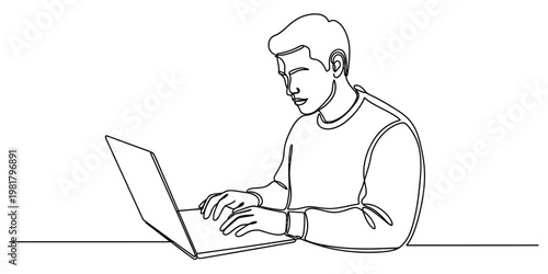 A single continuous line drawing of a young man focused on working with his laptop computer screen