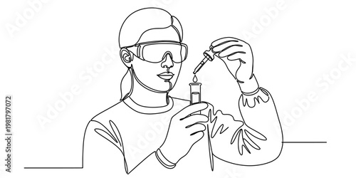 Continuous line drawing of a scientist performing a chemical experiment in a laboratory setting