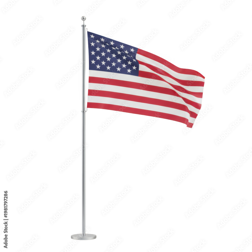 Obraz premium Waving american flag on a silver metal pole isolated on a transparent background