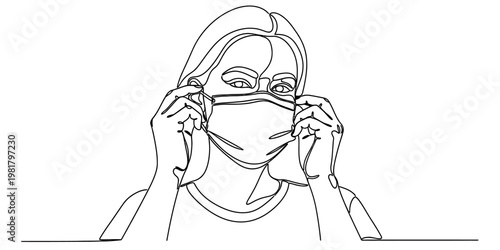 A continuous line drawing of a woman putting on a medical mask for protection against the virus