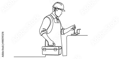 A continuous line drawing of a construction worker wearing a hard hat and holding a tool box
