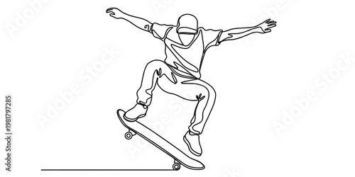 A continuous line drawing of a person performing an athletic skateboard trick in the air today