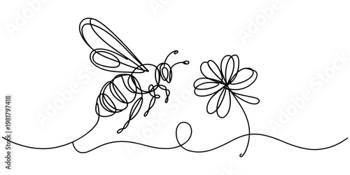 Continuous line art illustration of a honey bee approaching a delicate blooming flower