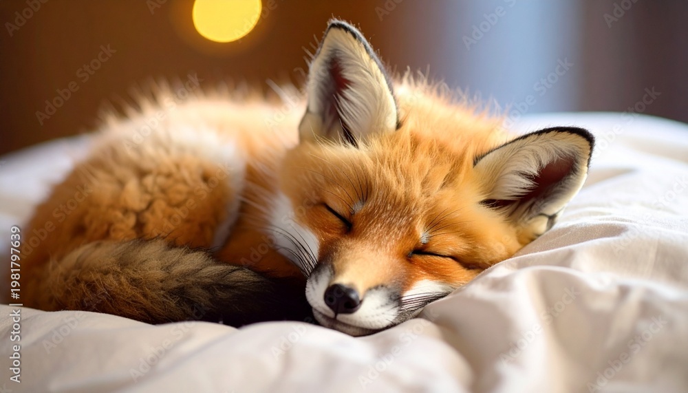 Obraz premium Adorable Fox Cub Napping Peacefully on Soft Bedding A Portrait of Serenity and Comfort.