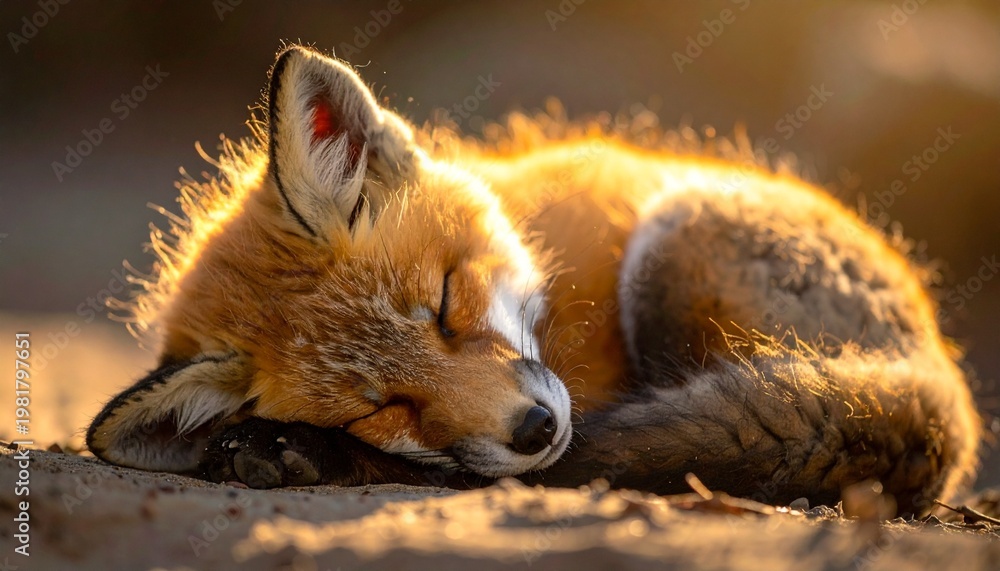 Fototapeta premium Sleeping Fox Kit in Golden Light Portrait of a Young Wild Animal Curled up Peacefully.